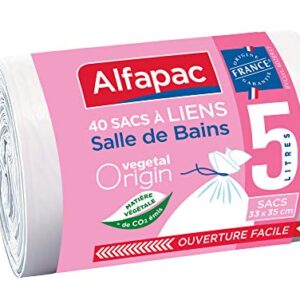 ALFAPAC - 40 sacs 5L à lien traditionnel - Sacs-Poubelle pour salle de bains - Matière d'origine végétale - Fabriqué en France